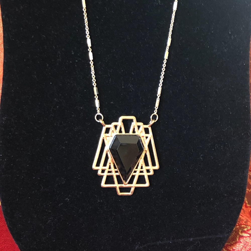Gold Necklace Art Deco Black Center Stone Rollo Gold plated Chain Vintage 24” - Picture 7 of 10